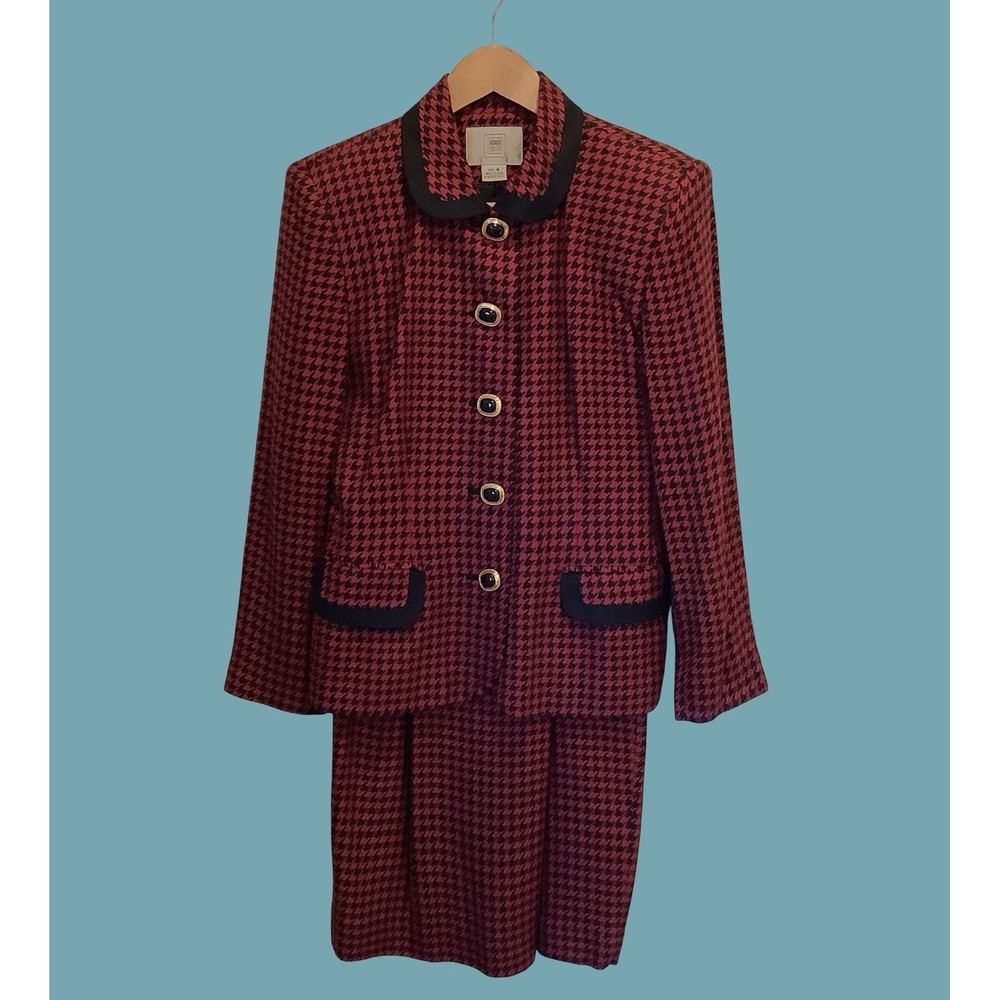 Vintage Amanda Smith Red & Black Chevron 2 Piece Skirt Suit Sz 4